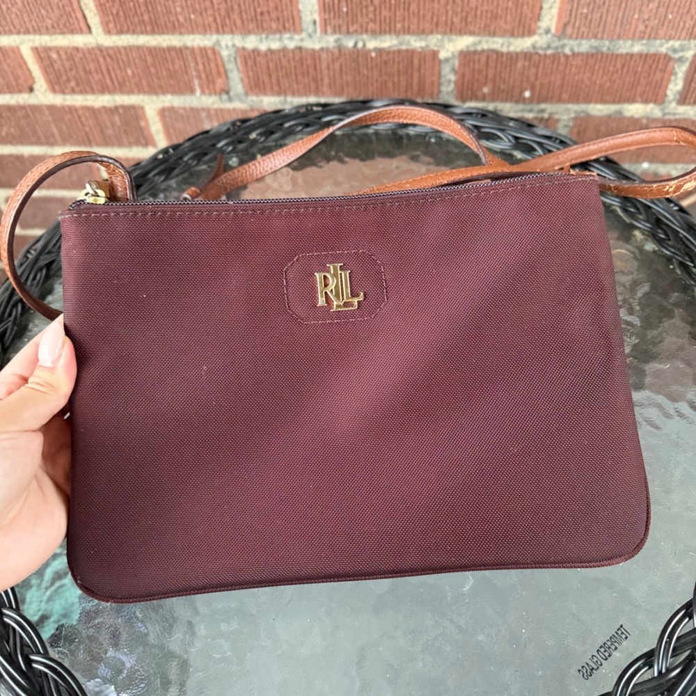 Lauren Ralph Lauren Burgundy Nylon Double Zip Crossbody Bag Burgundy Brown